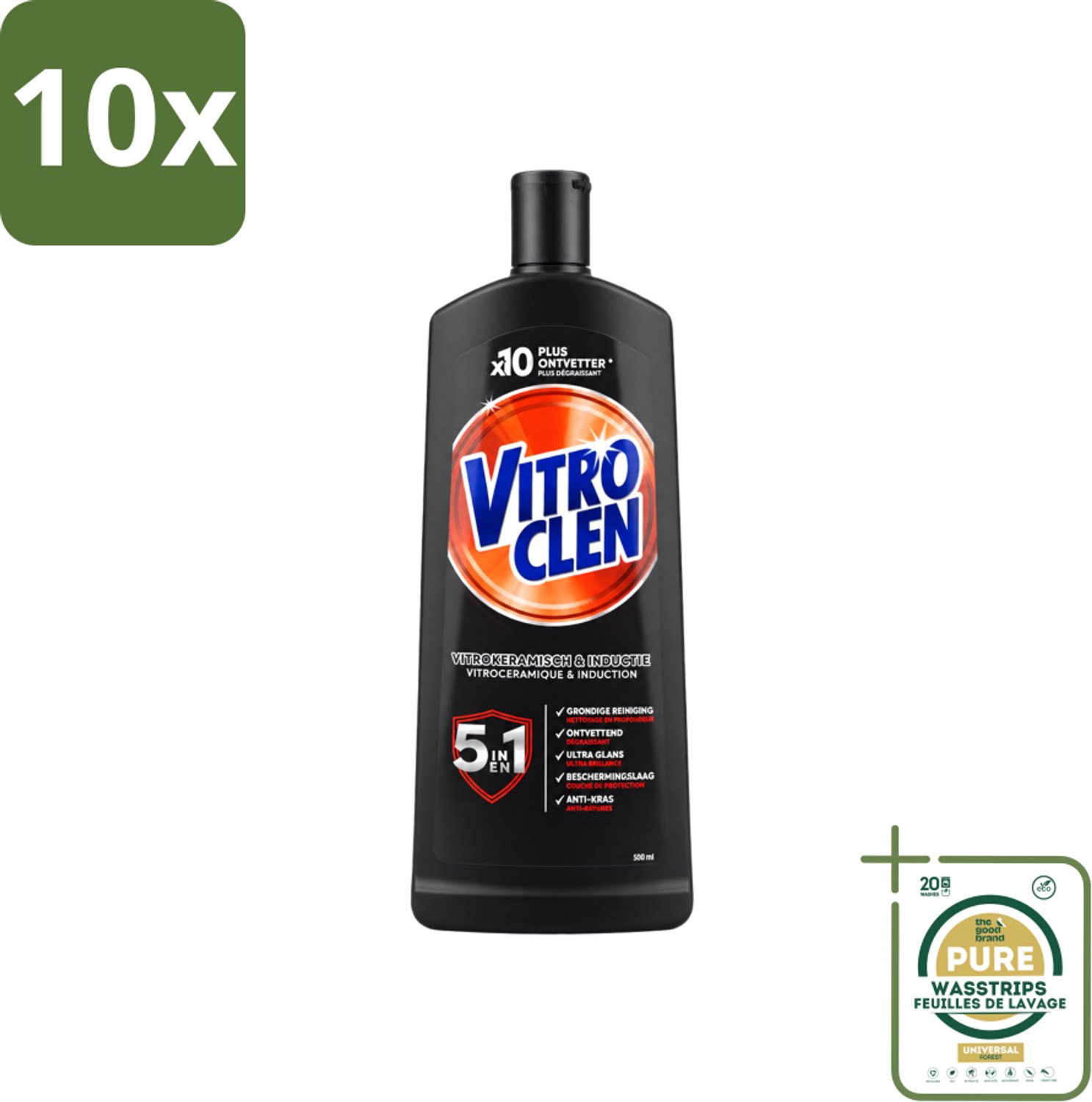 10 x Vitroclen - Kookplaatreiniger - Keramisch & Inductie - 5 in 1 - 500 ml - Wasstrips - Keramische Kookplaat Reinigen - Inductiekookplaat Reinigen - Kookplaat Reiniger - Kookplaat Beschermen - Vlekken Verwijderen