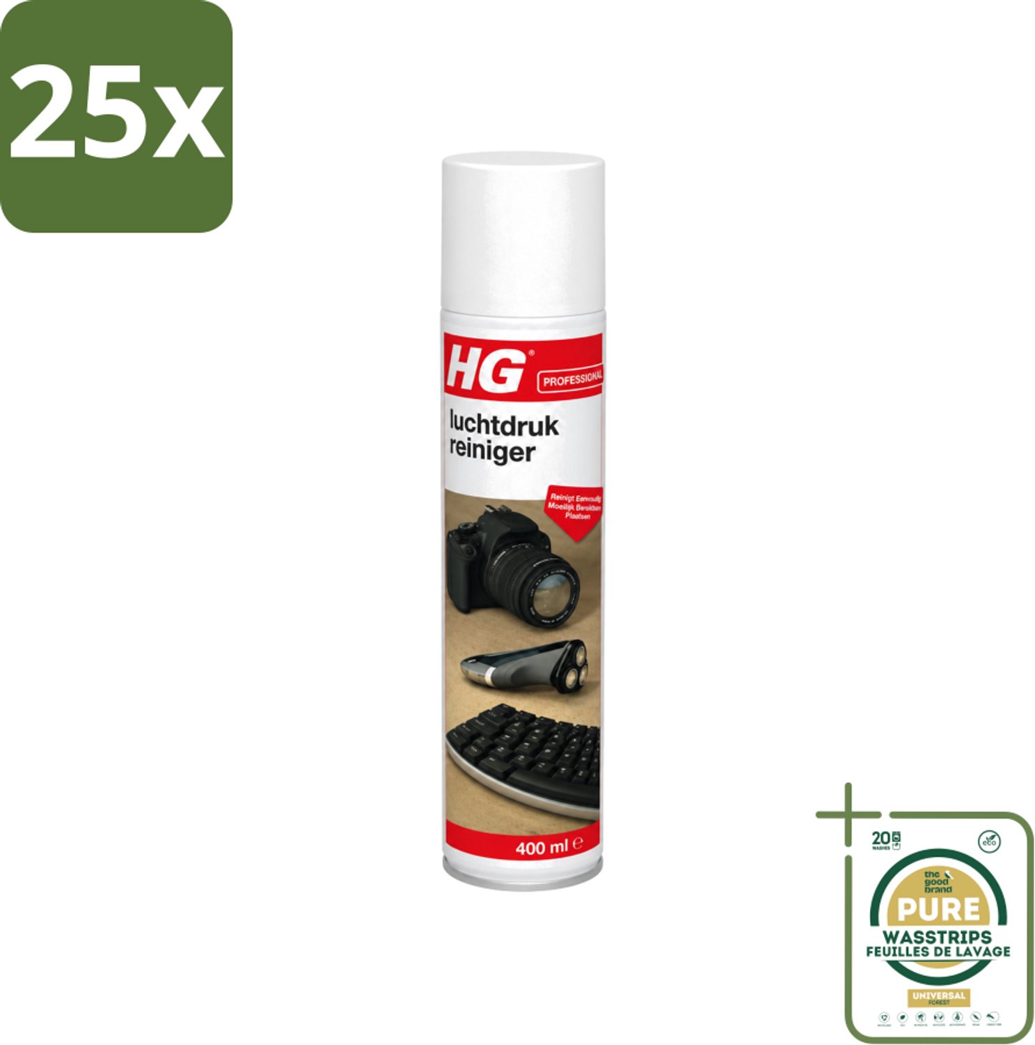 25 x HG - Luchtdrukreiniger - Reinigt Eenvoudig Moeilijk Bereikbare Plaatsen - 400 ml - Wasstrips - Luchtdrukreiniger - Stof Verwijderen - Losse Vervuiling - Toetsenbord Reinigen - Printer Reinigen