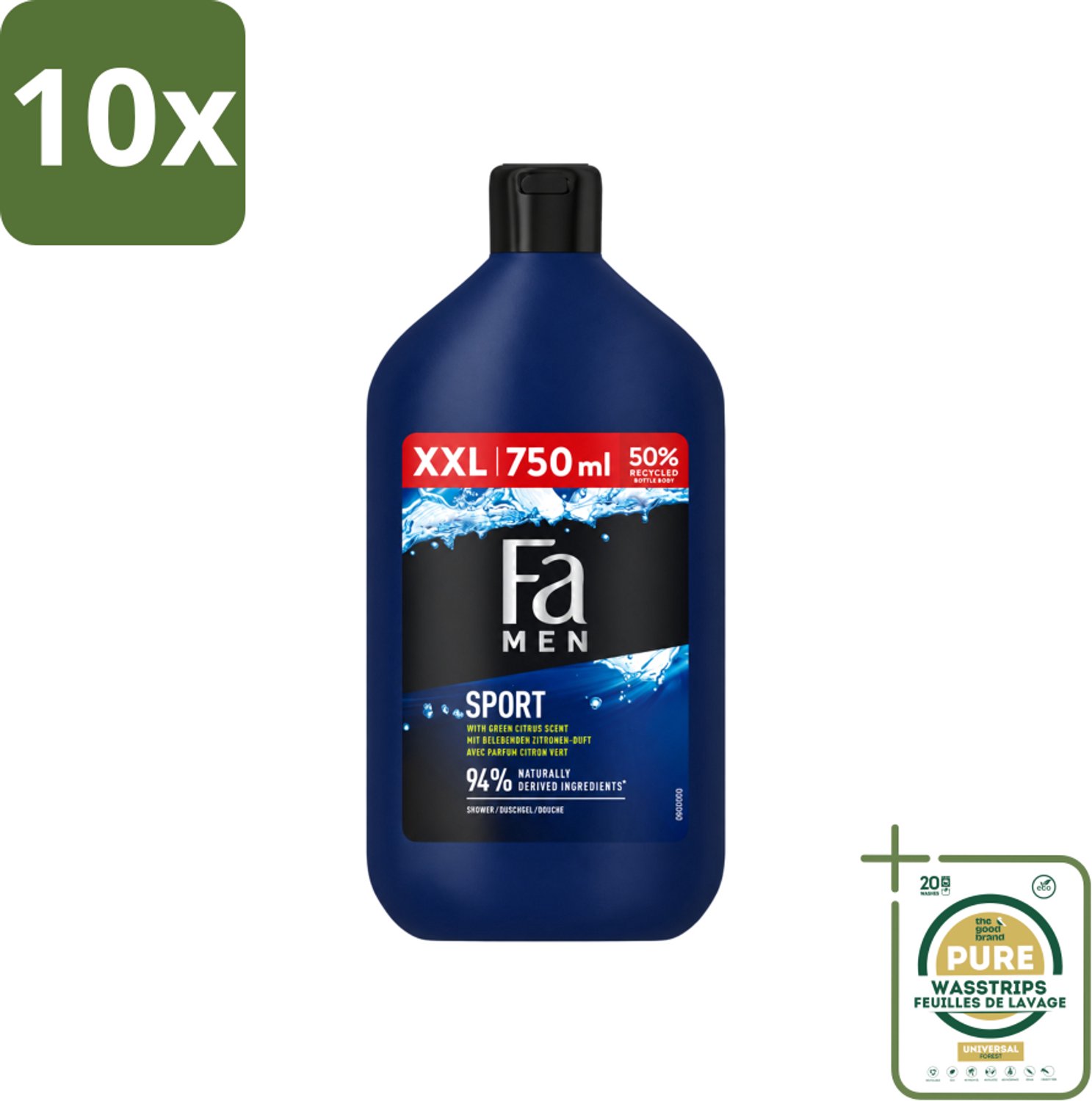 10 x Fa Men - Sport - Douchegel - Groene Citrus - 750 ml - Wasstrips - Douchegel Voor Mannen - Sport Douchegel - Groene Citrus Geur - Verfrissende Douchegel - Dagelijks Gebruik