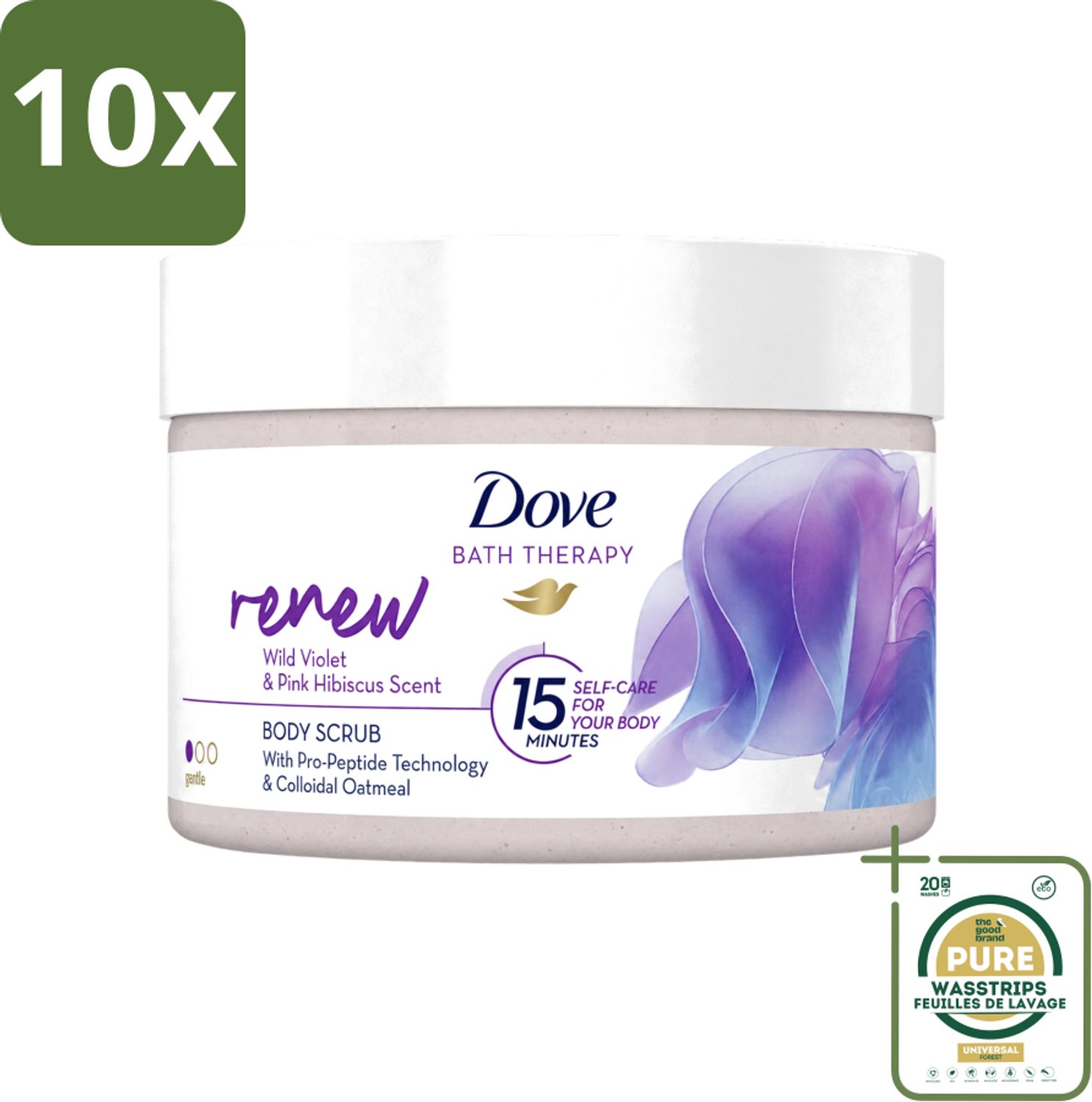 10 x Dove Bath Therapy Renew - Bodyscrub - Wilde Viooltjes & Roze Hibiscus - 295 ml - Wasstrips - Huidvernieuwing - Huidscrub - Exfoliatie - Zachte Huid - Huidverzorging