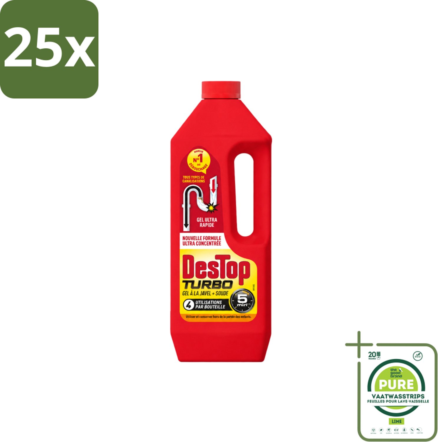 25 x Destop - Ontstopper - Turbo Gel - 1 L - Grootverpakking - Vaatwasstrips - Ontstoppen - Afvoer - Verstopping - Ontstopmiddel - Afvoerleiding