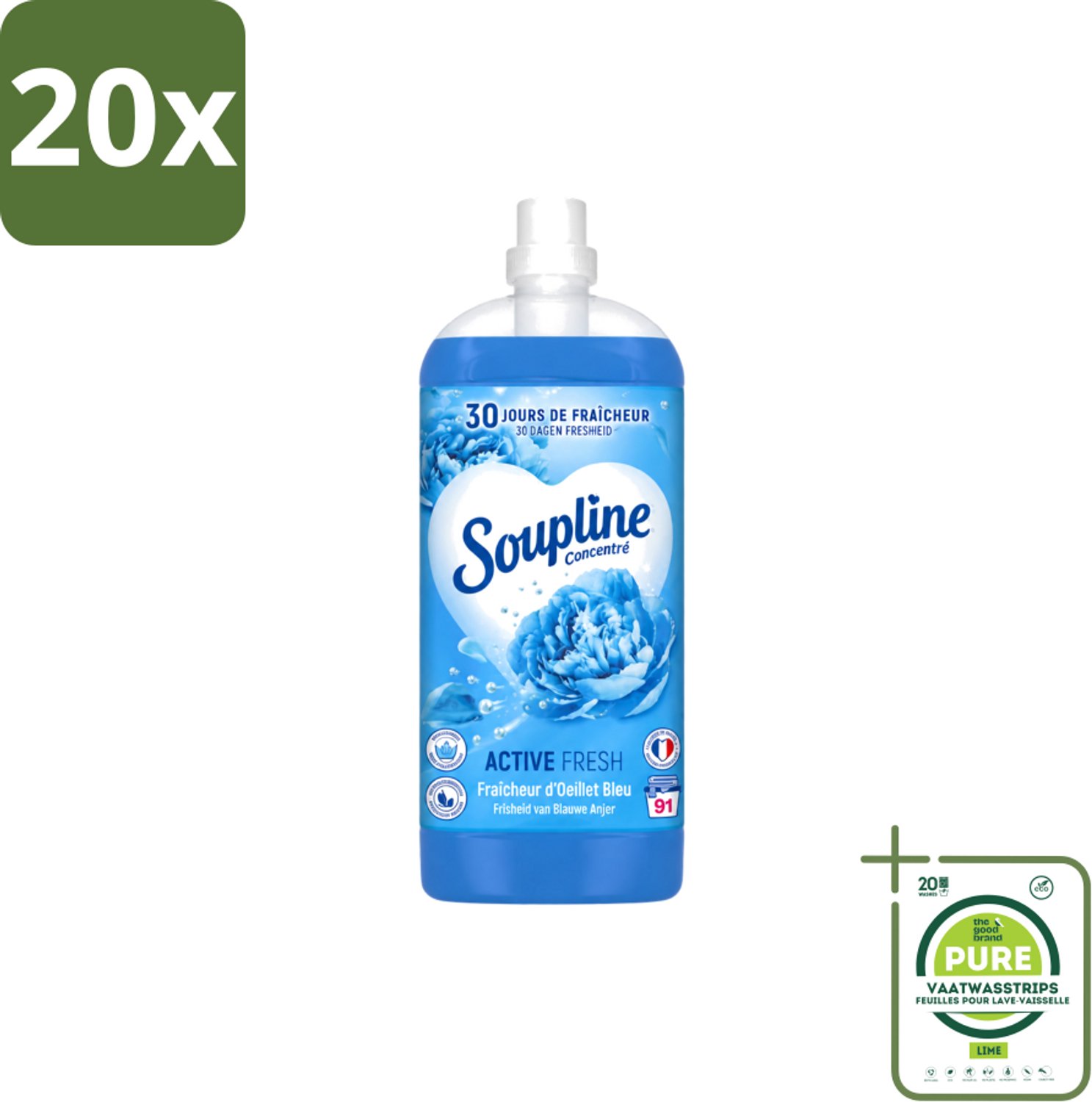 20 x Soupline – Wasverzachter – Active Fresh Frisheid van Blauwe Anjer – 2 L - Grootverpakking - Vaatwasstrips - Wasverzachter - Frisheid - Blauwe Anjer - Wasgoed - Kleding