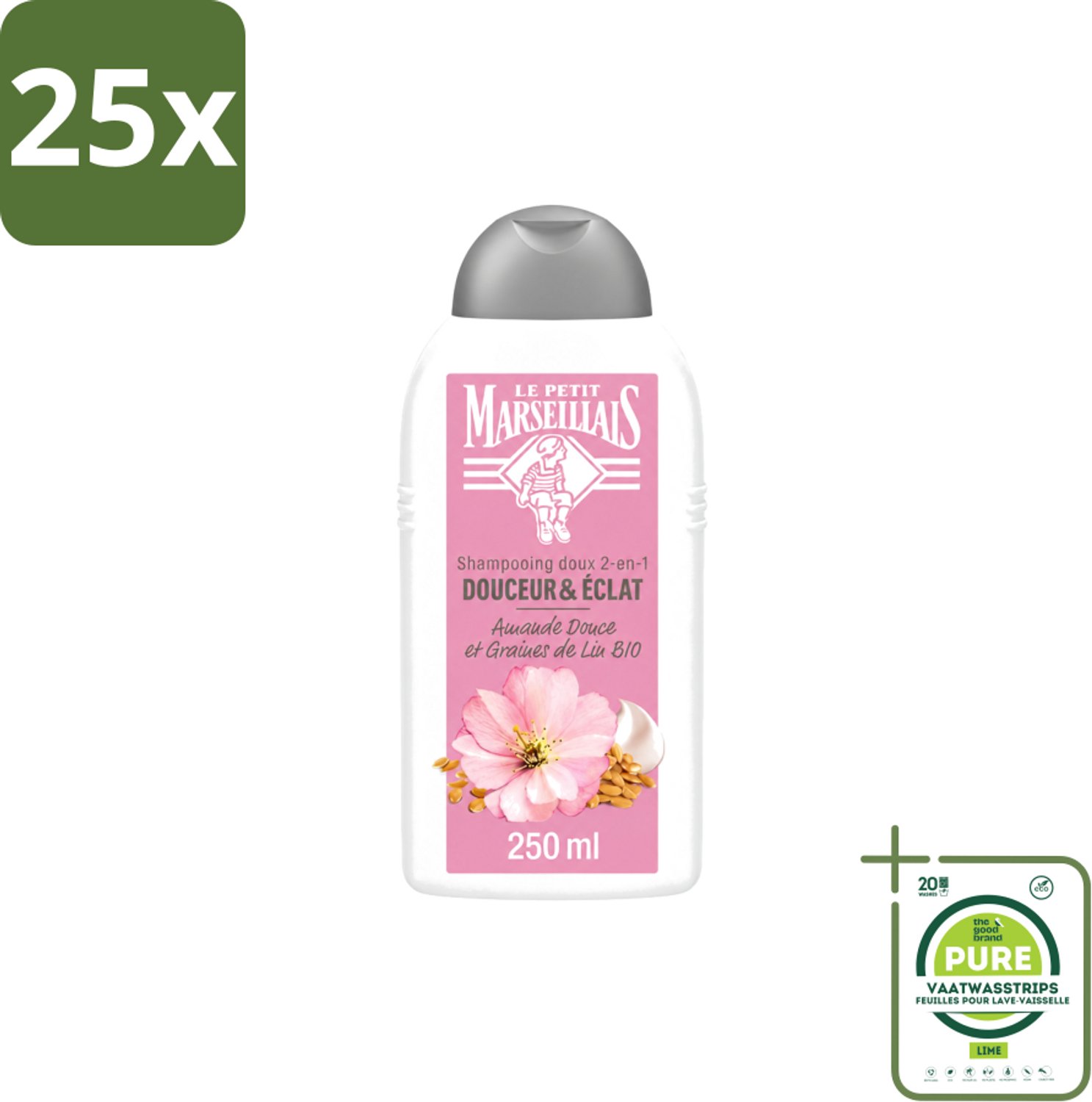 25 x Le Petit Marseillais – Shampoo – Amande Douce & Graines de Lin Bio – 250 ml - Grootverpakking - Vaatwasstrips - Shampoo Amande Douce - Shampoo Linzaad - Shampoo Bio - Shampoo Voor Fijn Haar - Shampoo Voor Normaal Haar