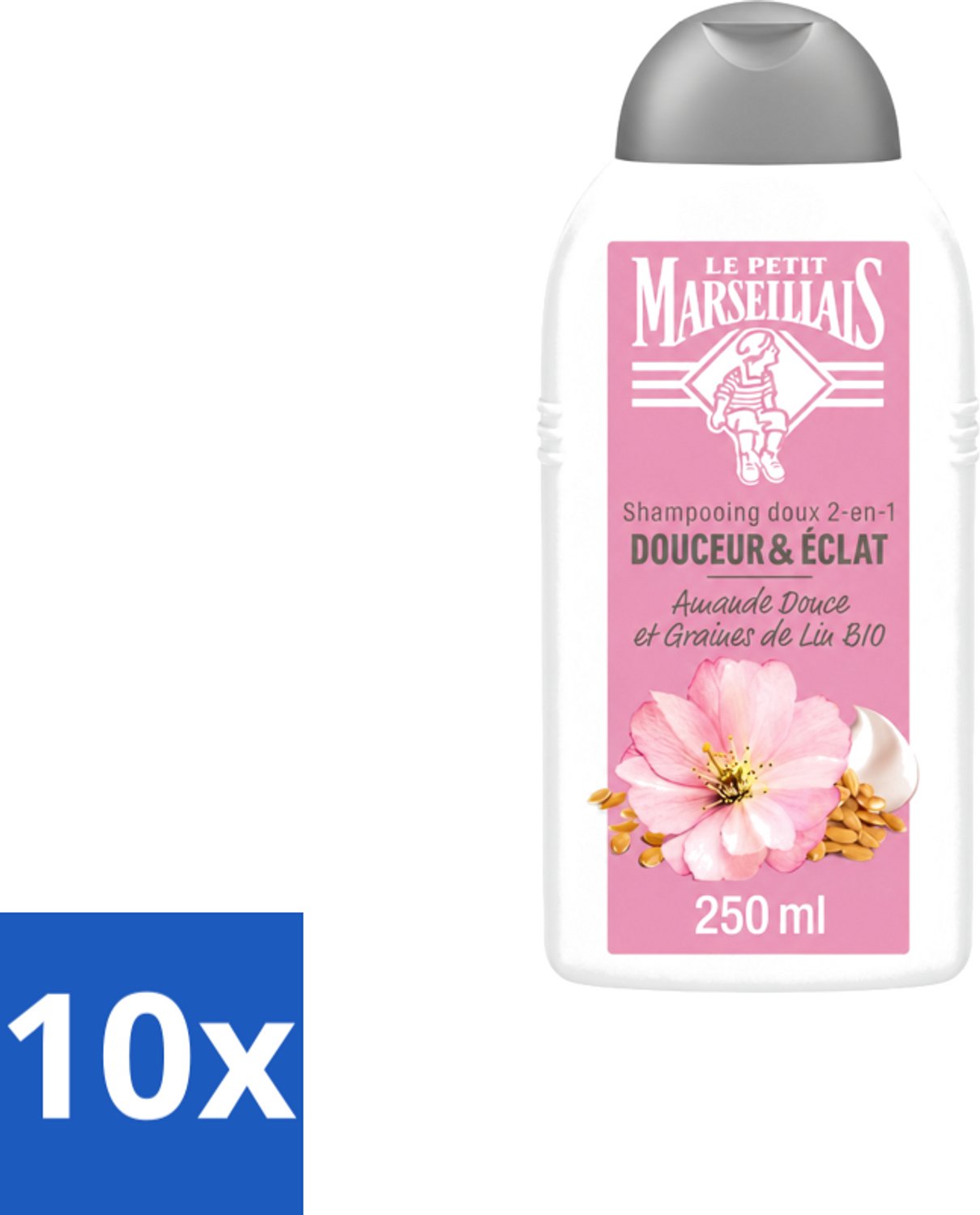 10 x Le Petit Marseillais – Shampoo – Amande Douce & Graines de Lin Bio – 250 ml - Voordeelverpakking - 10 stuks