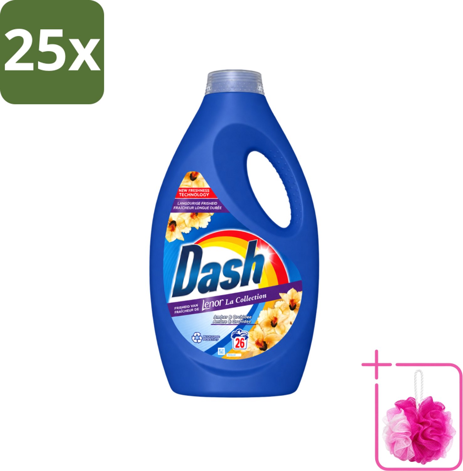 25 x Dash - Lenor Collectie - Vloeibaar Wasmiddel - Witte en Gekleurde Was - Amber & Orchidee - 26 Wasbeurten - Bulkverpakking - Vloeibaar wasmiddel - Douchemop - Frisheid