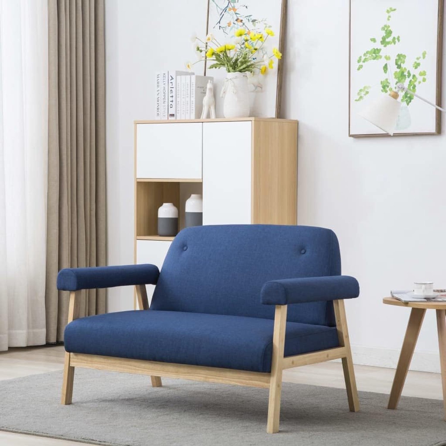 2-zitsbank van blauwe stof, 2-zits, elegant design, zachte polyesterstof, robuust houten frame, eenvoudige montage