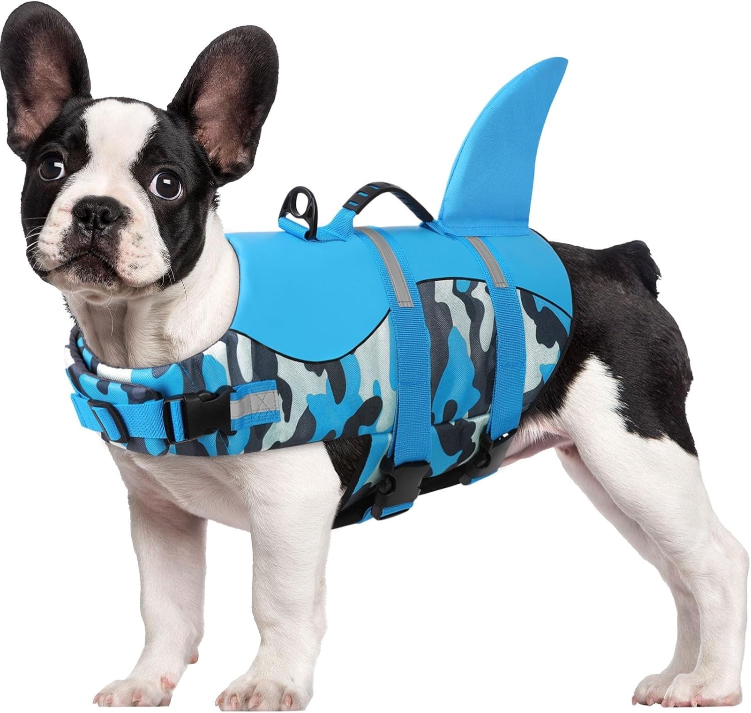 Zwemvest voor Honden in Verschillende Maten, Shark Stijl met Handvat en Reflecterende Details, Veilig en Licht voor Wateractiviteiten, Blauw Camouflage, Goede Drijfvermogen