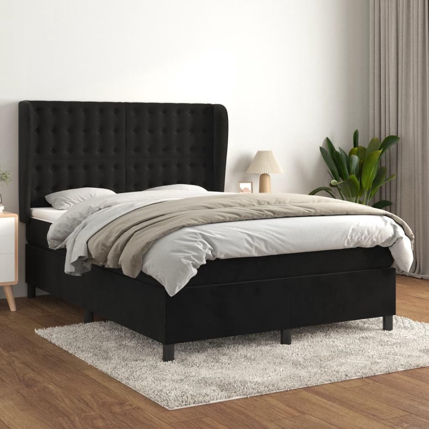 Boxspring met matras fluweel zwart 140x200 cm verstelbaar hoofdbord pocketvering medium hard matras met topmatras voor comfortabele slaap hoofdbord verstelbaar nachtrust