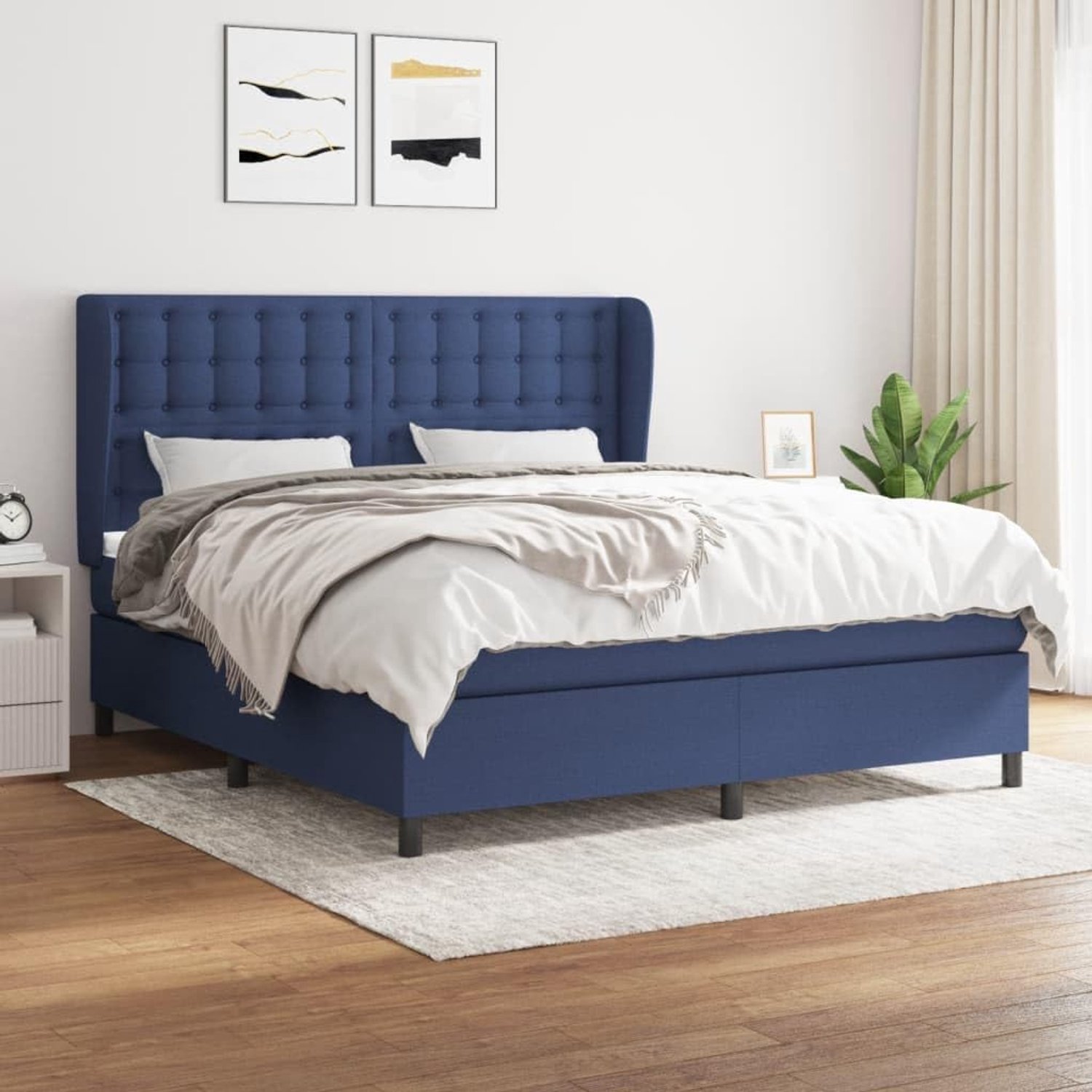 Boxspring met matras stof blauw 160x200 cm pocketvering hoofdbord verstelbaar middelhard matras topmatras badkamer slaapkamer