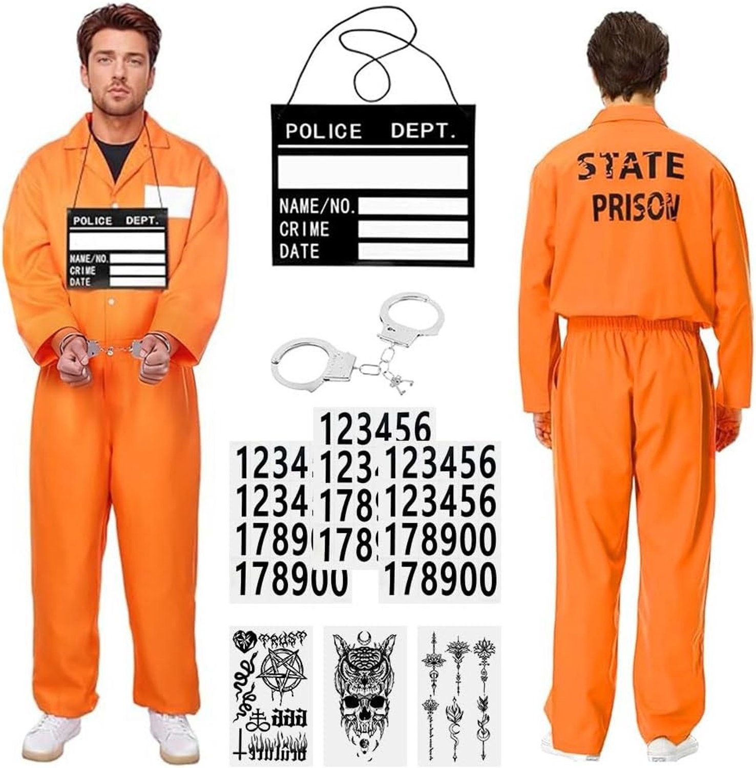 Halloween Kostuum voor Mannen en Vrouwen, Oranje Gevangenis Outfit met Naamlabel en Handboeien voor Feestjes en Themapartijen