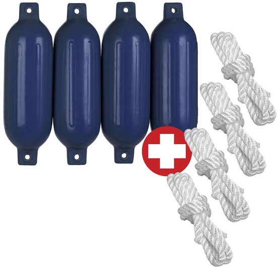 Set van vier blauwe bootstootwillen met verticale ribbels en vier witte touwen.