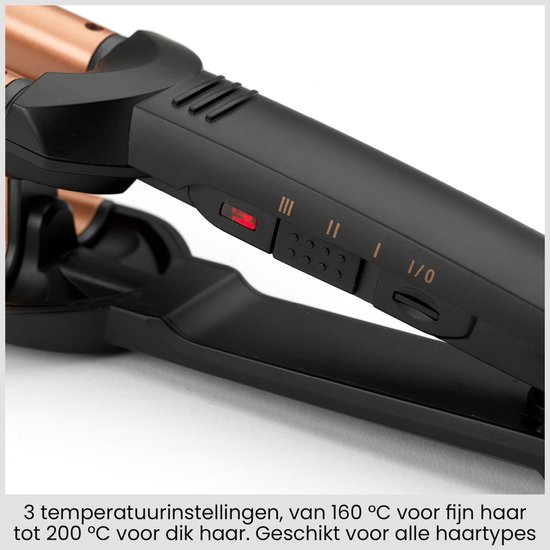 Detail van de 3 temperatuurinstellingen (160°C tot 200°C) op het handvat van de BaByliss krultang.