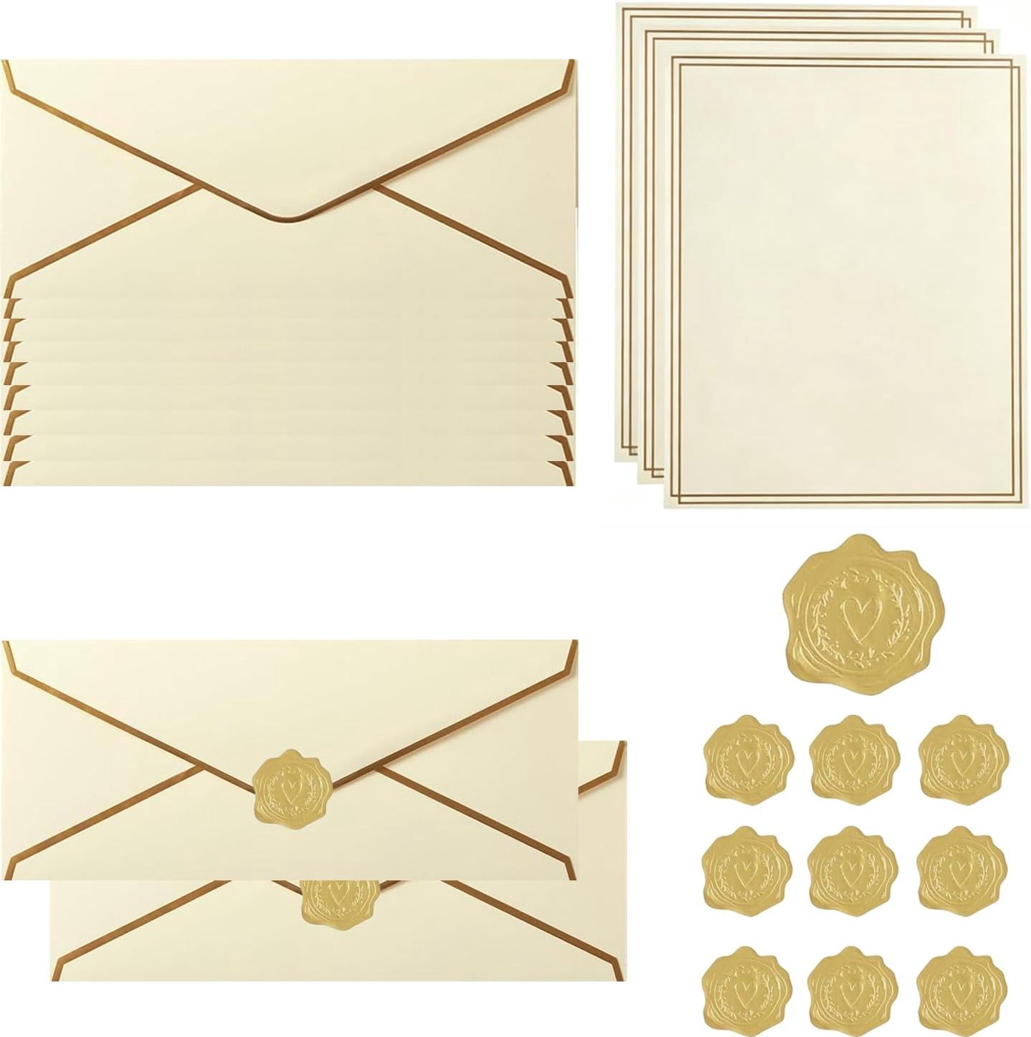 10 Luxe Enveloppen met 12 Vellen Briefpapier en Gouden Stickers, V-Flap Uitnodigingsenveloppen, Beige, 24,1 x 10,5 cm