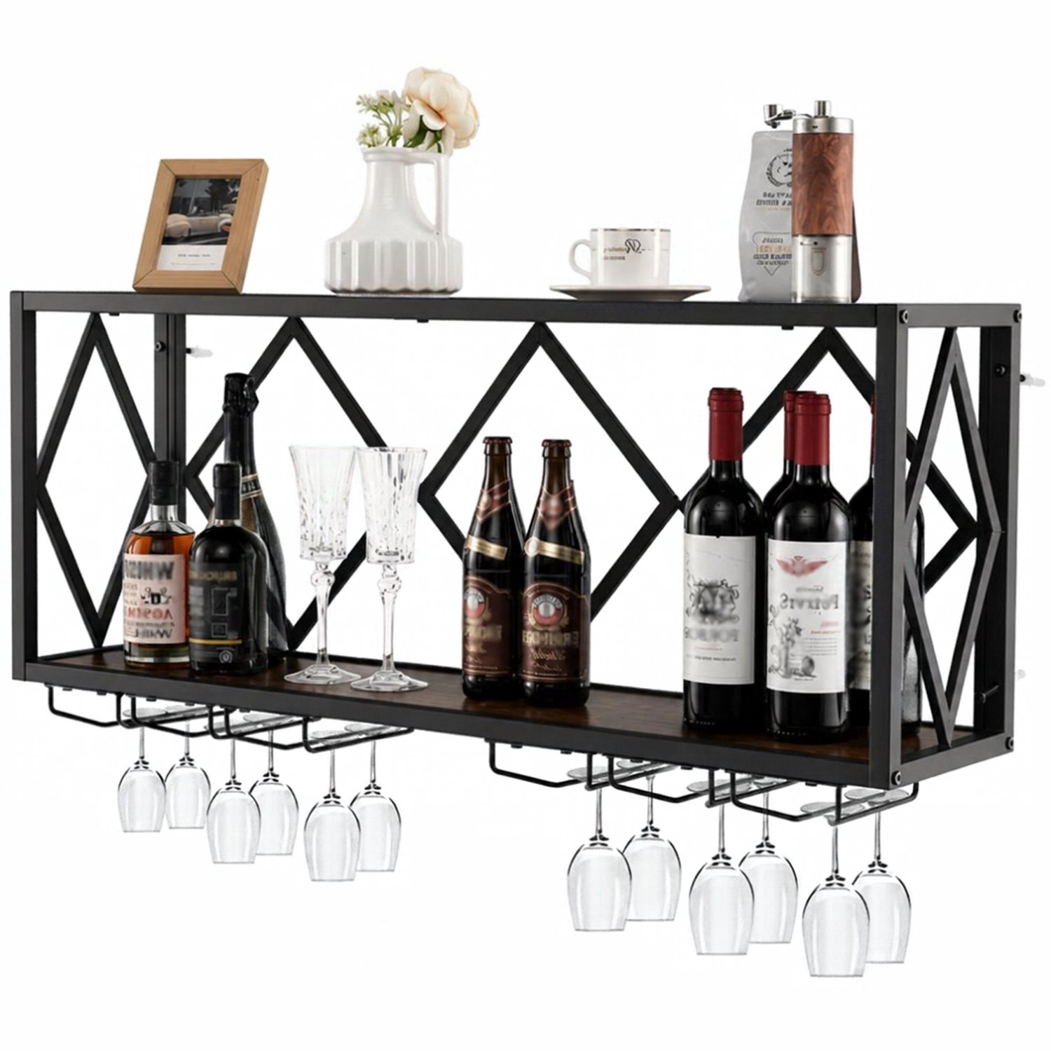 SNJY® Wijnrek Muur - Wijnrek Hangend - Wijnrek Industrieel - 25D x 100B x 45H cm - Zwart/Bruin