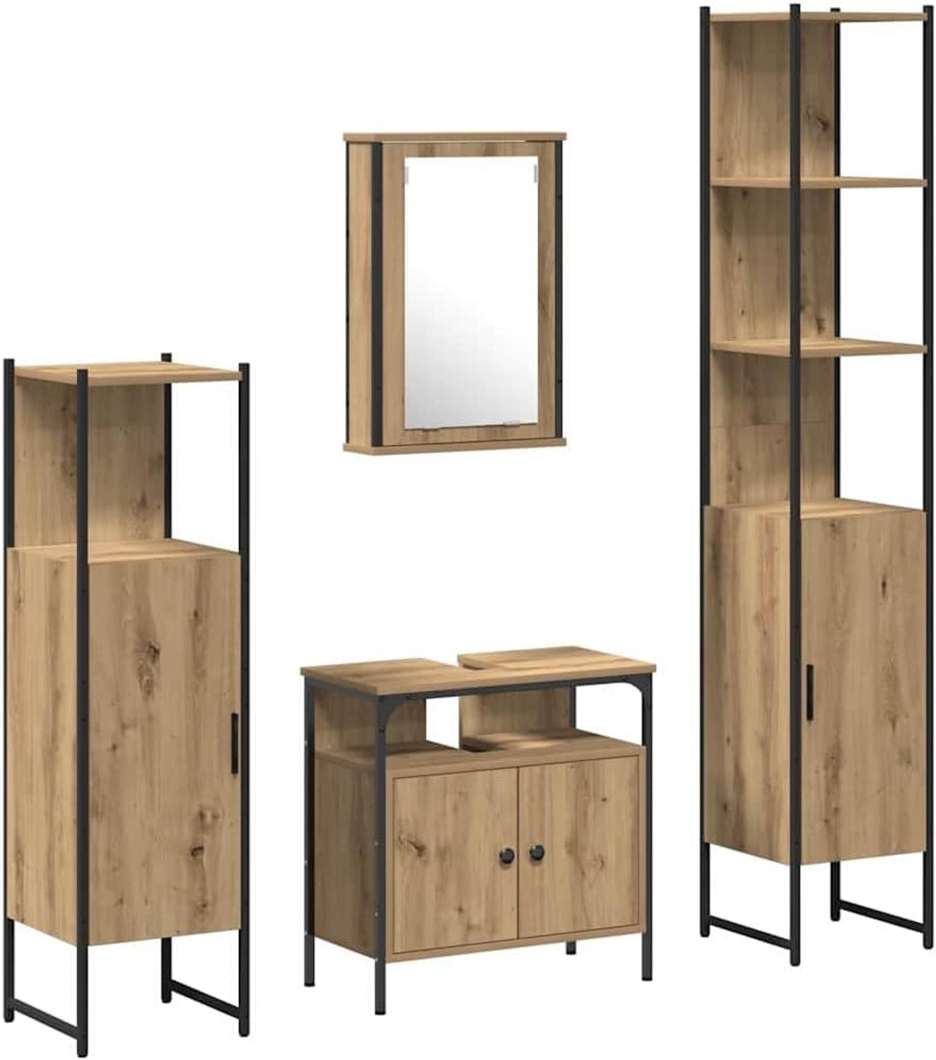Badkamermeubelset met plank, 4-delig, Artisan eikenhout, wandgemonteerde badkamerkastset met verzonken deuren en knopgrepen, modern design voor kleine badkamers