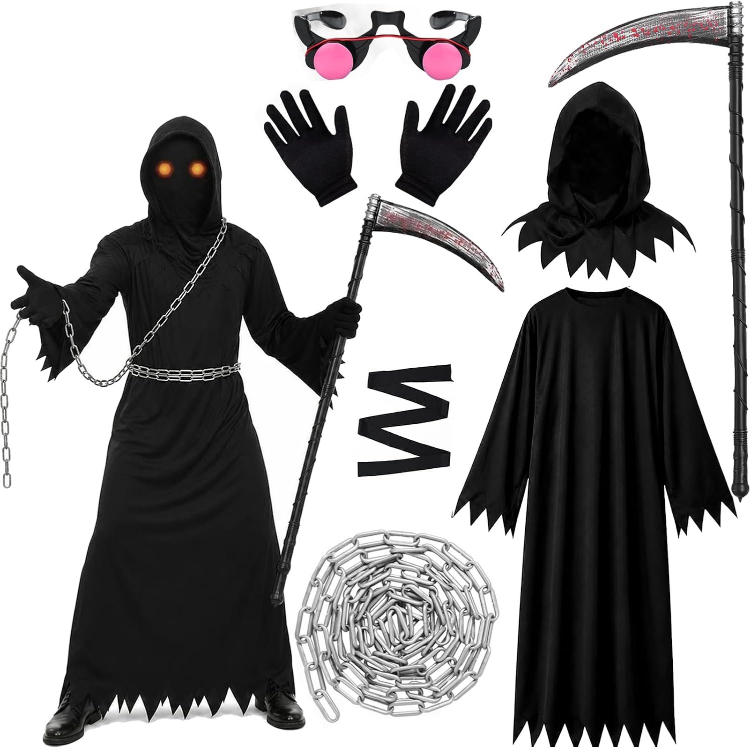 Sensenmann-kostuum voor heren en kinderen, Grim Reaper kostuumset met Sense handschoenen bril griezelig sensenman-kostuum voor Halloween, carnaval, cosplay