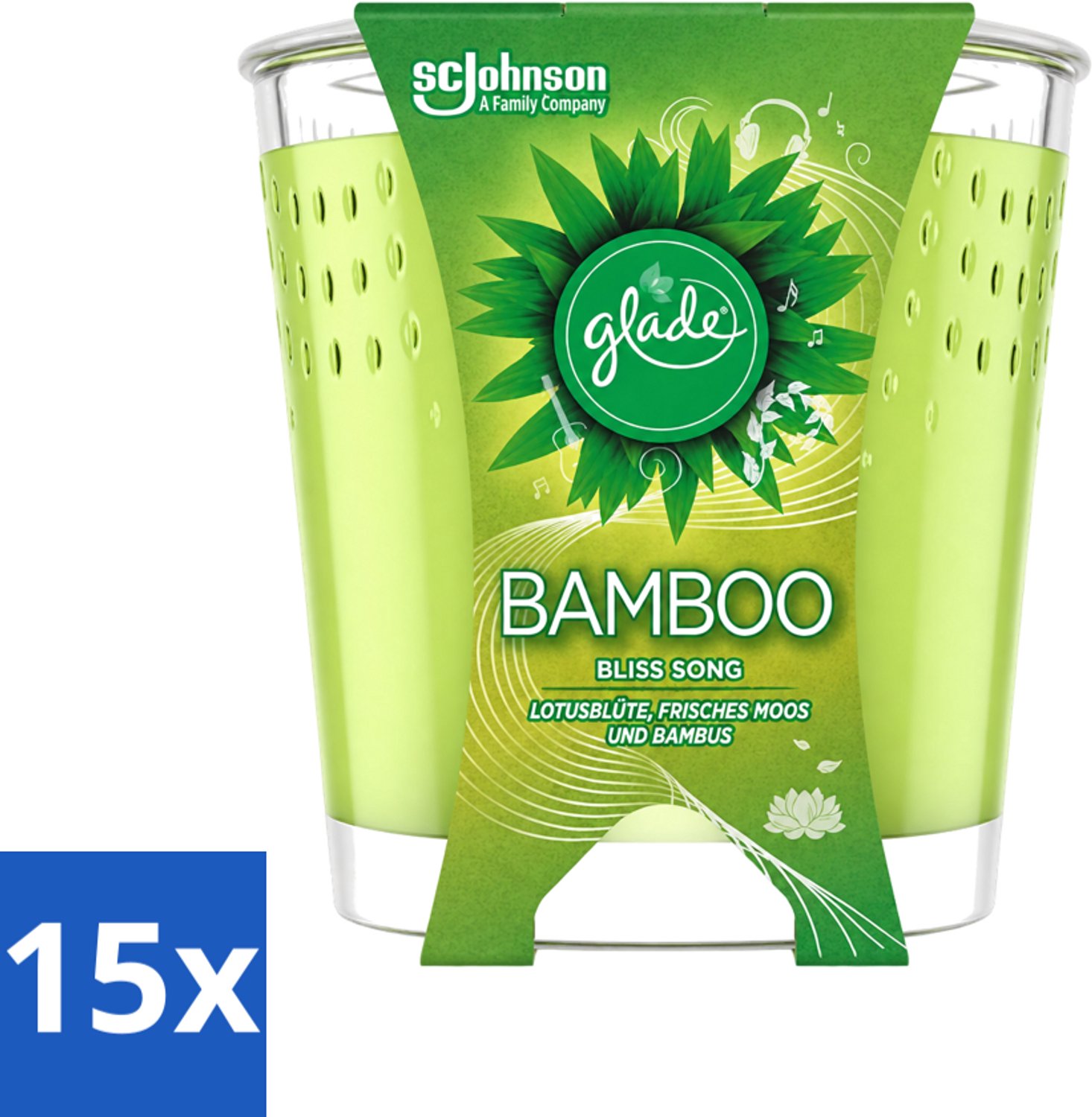 15 x Glade - Geurkaars - Bamboo Bliss Song - Frisse Geur & Relaxatie - 129 g - Voordeelverpakking - 15 stuks
