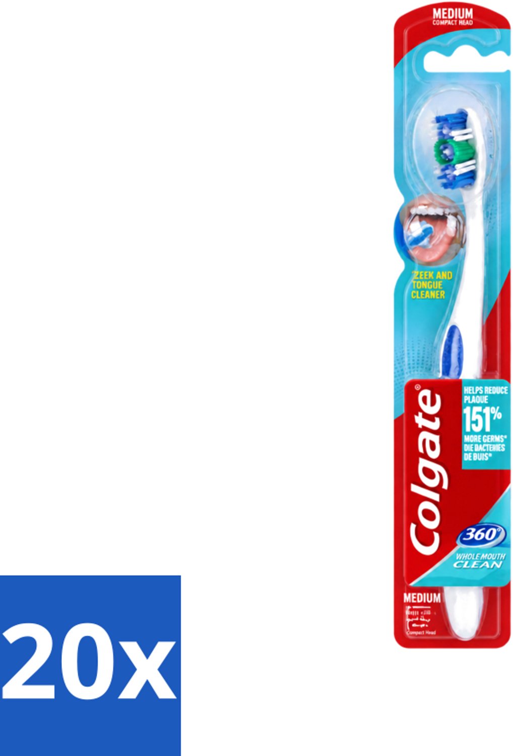 20 x Colgate - Tandenborstel - 360 Whole Mouth Clean Medium - Wit/Blauw - 1 Tandenborstel - Voordeelverpakking - 20 stuks