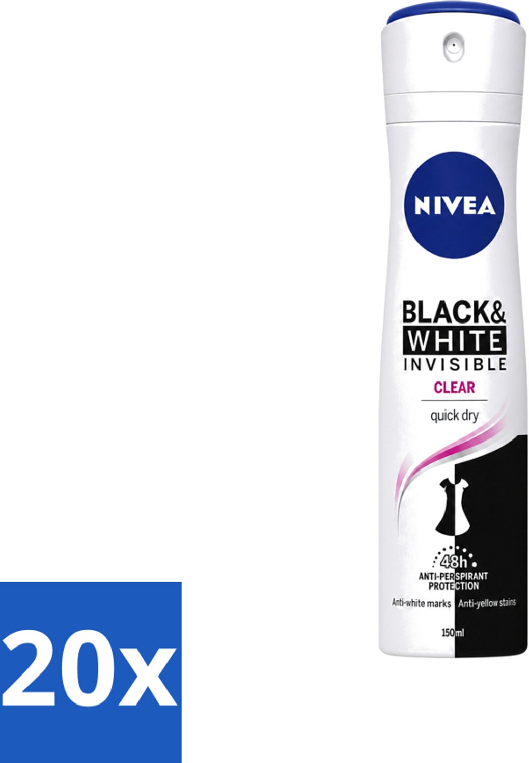 20 x Nivea - Deospray - Invisible Black & White - 48 Uur Lange Bescherming - 150 ml - Voordeelverpakking - 20 stuks