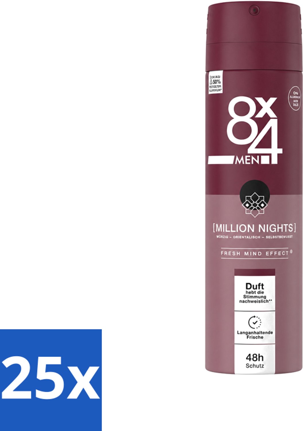 25 x 8 x 4 Deospray Men - No.18 Millions Nights - Deodorant - Voor Heren - 150 ml - Voordeelverpakking - 25 stuks