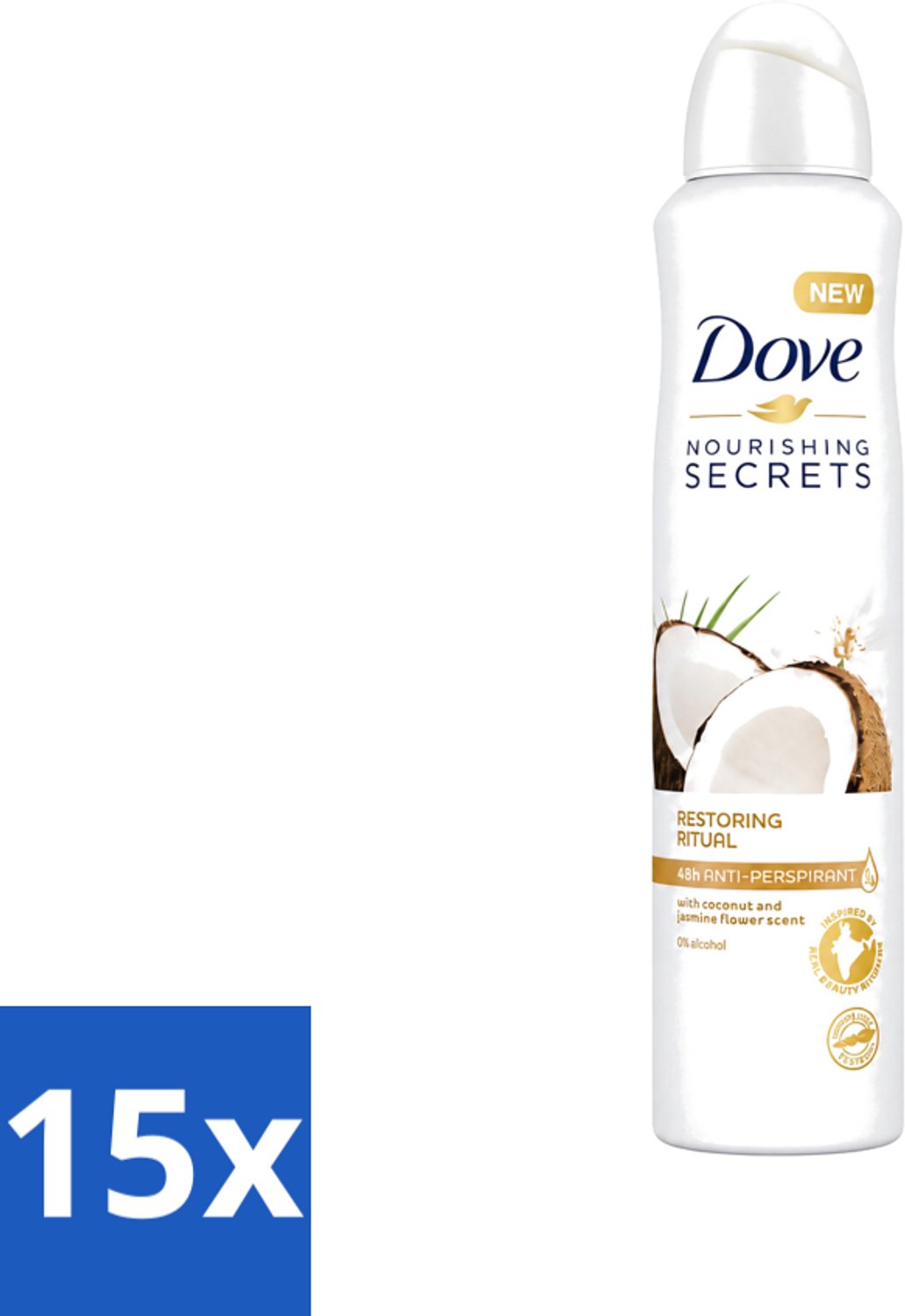 15 x Dove - Deodorant - Coconut & Jasmine Flower - Tropisch en verzorgend - 250 ml - Voordeelverpakking - 15 stuks