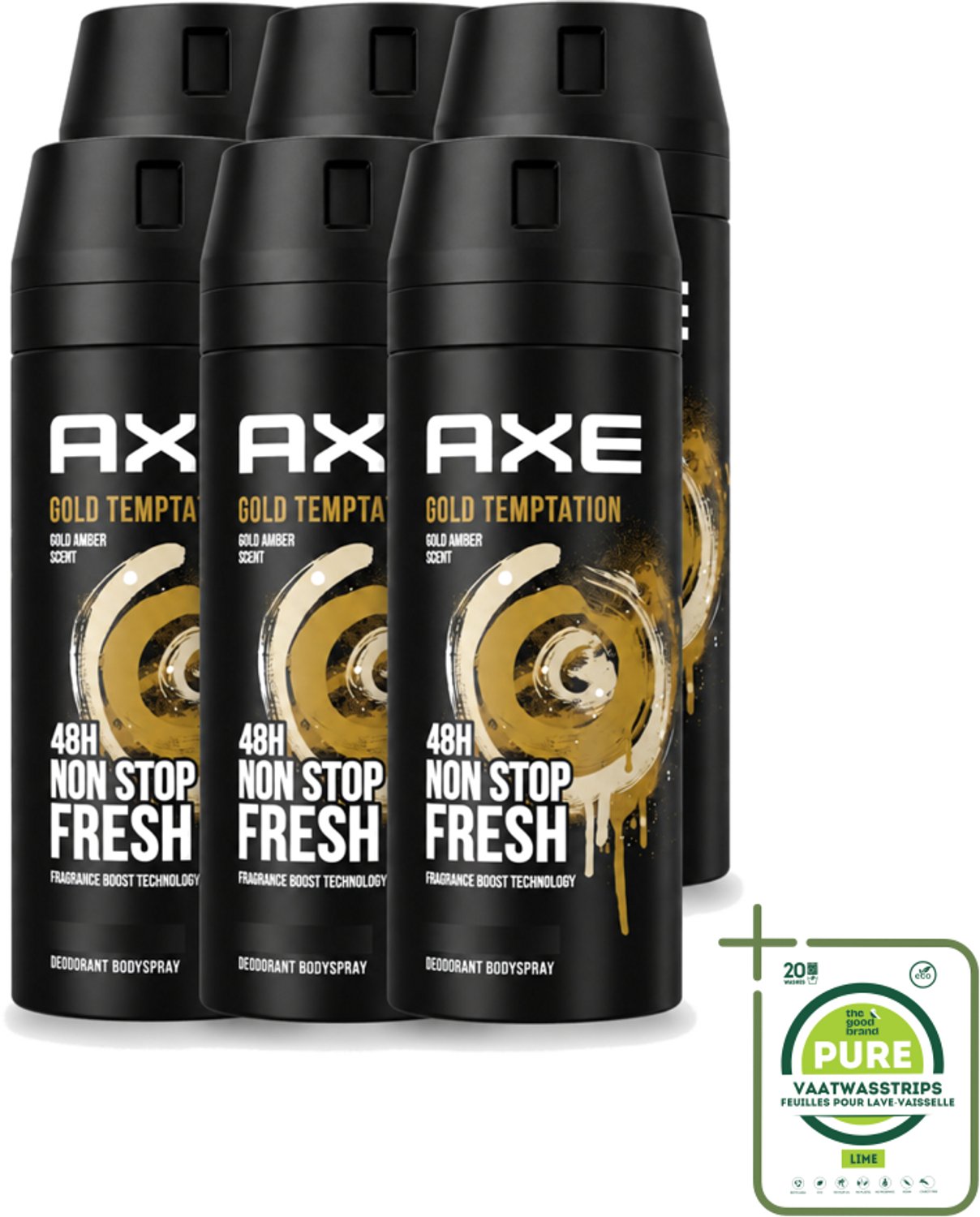 6 x Axe - Deodorant Bodyspray - 48hrs Non Stop Fresh - Gold Temptation - Gold Amber - 150 ml - Grootverpakking - Vaatwasstrips - Deodorant - Bodyspray - Frisheid - Geur - Geurbescherming