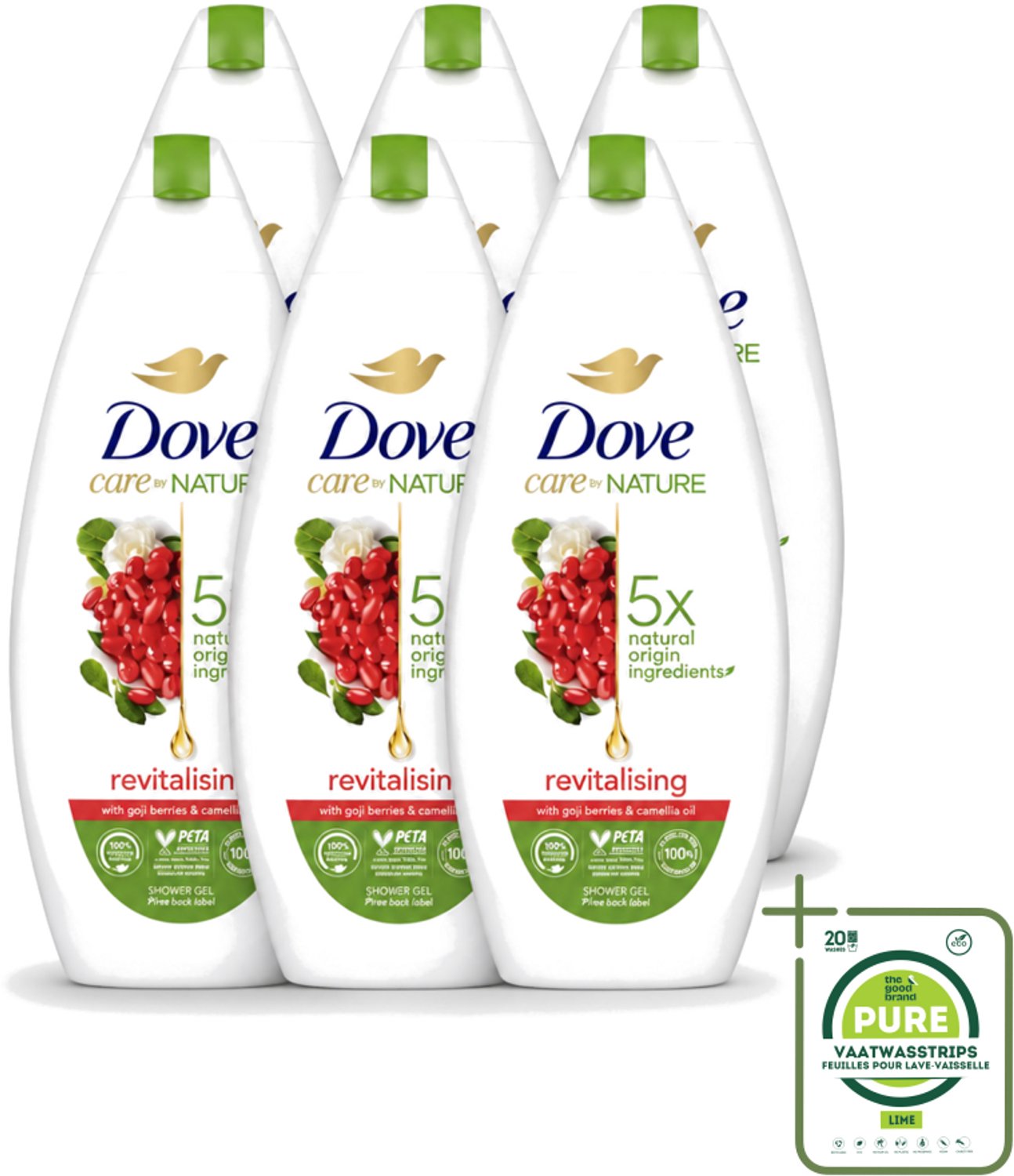 6 x Dove - Douchegel - Revitalising - Verfrissend - 225 ml - Grootverpakking - Vaatwasstrips - Douchegel - Huidverzorging - Verfrissend - Revitaliserend - Hydraterend