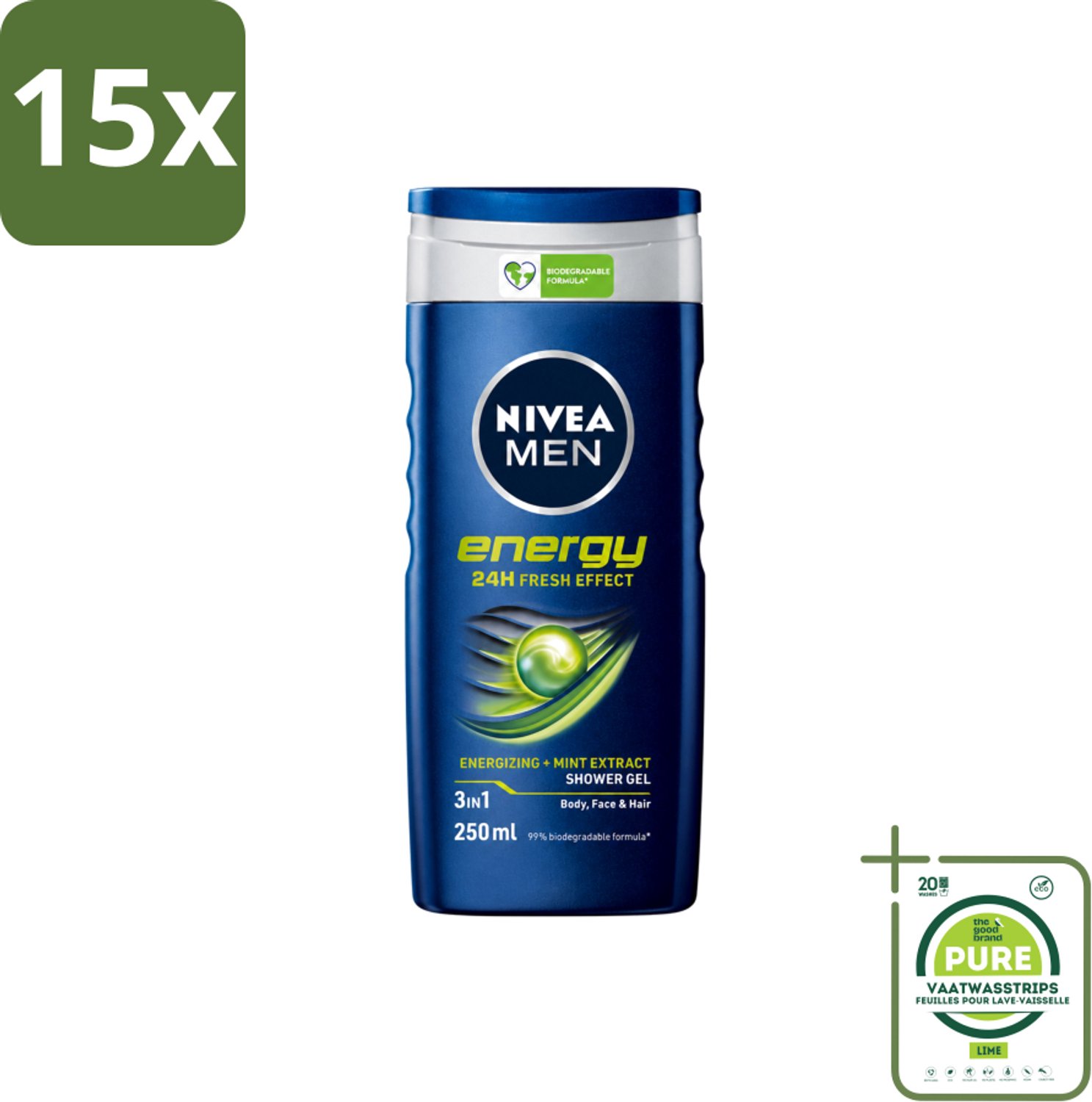 15 x Nivea - Men - Energy Douchegel - Langdurig Fris Gevoel - 250 ml - Grootverpakking - Vaatwasstrips - Douchegel Voor Mannen - Energieboost - Fris Gevoel - Reiniging Lichaam En Haar - Mintextract