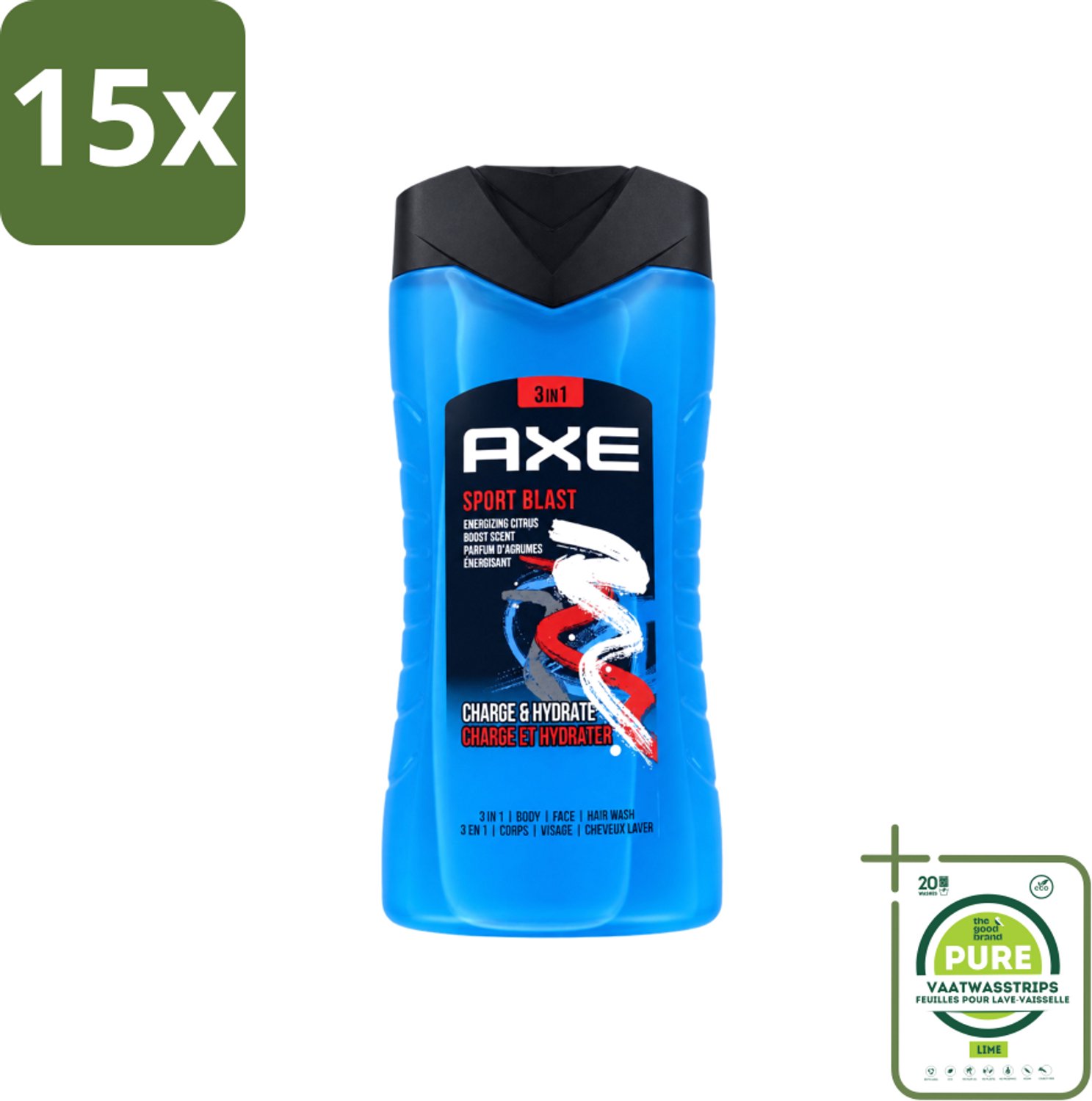 15 x Axe - 3-in-1 Douchegel - Sport Blast - Energizing Citrus - Hydraterend - 250 ml - Grootverpakking - Vaatwasstrips - Douchegel Sport - Hydraterende Douchegel - Frisse Geur Douchegel - Douchegel Na Training - Sport Douchegel