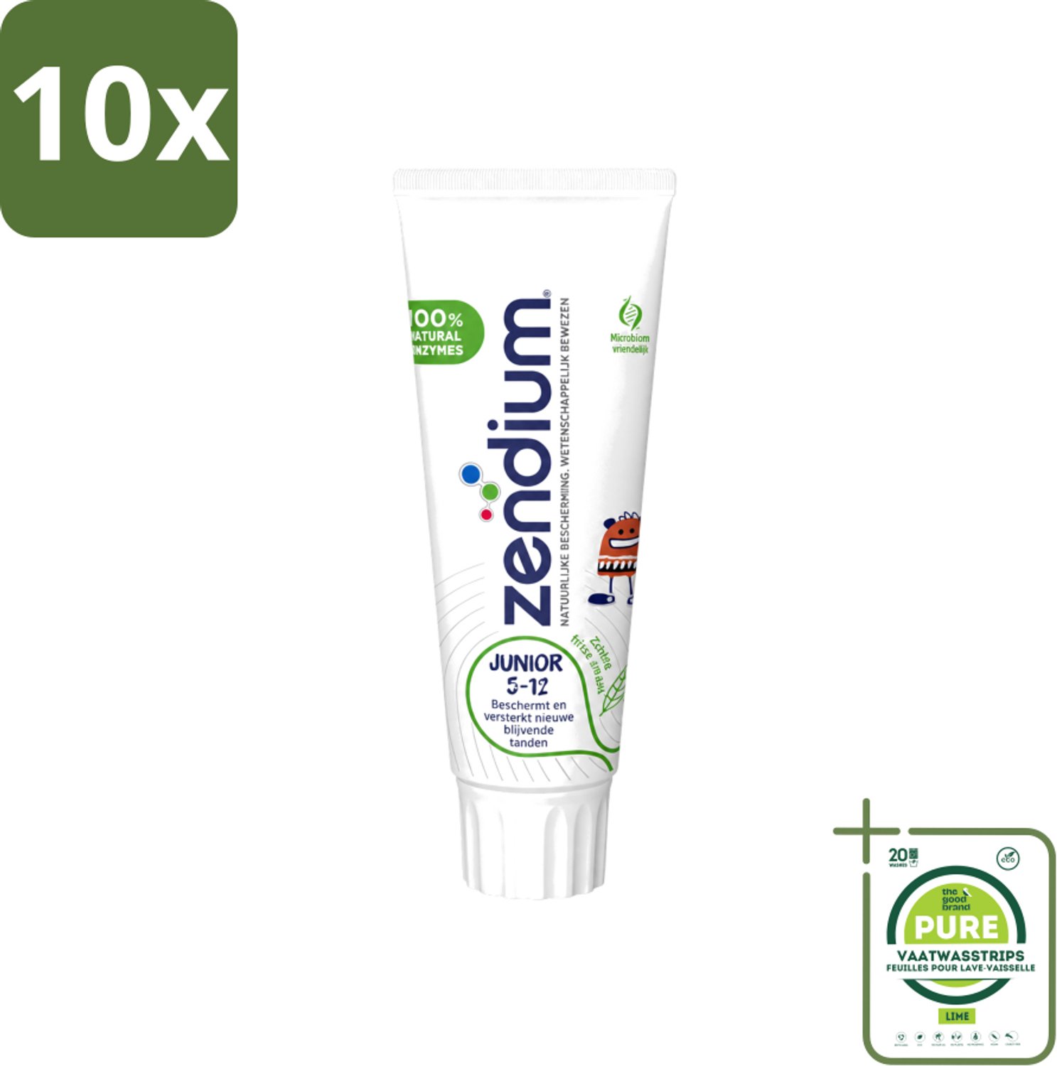10 x Zendium - Junior 5-12 Jaar - Tandpasta - Natuurlijke Enzymen - 75 ml - Grootverpakking - Vaatwasstrips - Tandpasta Voor Kinderen - Melktanden Beschermen - Natuurlijke Enzymen - Gezonde Mondflora - SLS-vrije Tandpasta