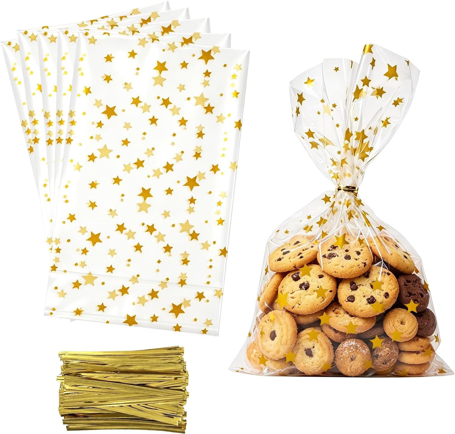 100 stuks cellofaanzakjes, transparant, 15 x 25 cm, met gouden sterren