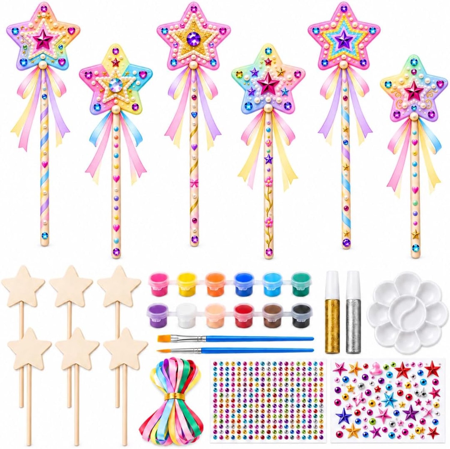 Houten knutselset, prinses, verjaardag, decoratie, toverstaven, knutselset, kinderverjaardag, met 2 stickers, 12 linten, cadeau voor meisjes van 3, 4, 5, 6, 7