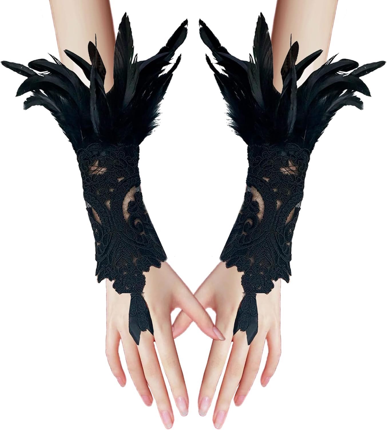 Feestelijke Vederhandschoenen voor Dames, Retro Kanten Handschoenen, Gothic Stijl, Fingerless, Perfect voor Halloween, Kostuums en Feestjes