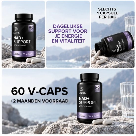 Collage van NAD+ Support potjes op rotsen met tekst over 60 capsules en dagelijks gebruik.