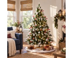 Froadp 225CM Kunstkerstboom met warmwitte LED-verlichting, PVC, met dennenappels en rode bessen, Deelbaar ontwerp, Stabiele metalen voet,