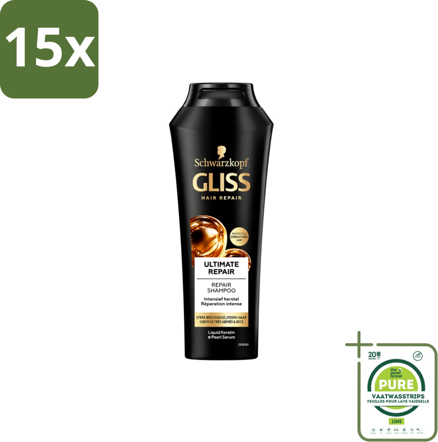 15 x Gliss Kur – Shampoo – Ultimate Repair – 250 ml - Grootverpakking - Vaatwasstrips - Herstel Haar - Beschadigd Haar - Droog Haar - Breekbaar Haar - Keratine Shampoo