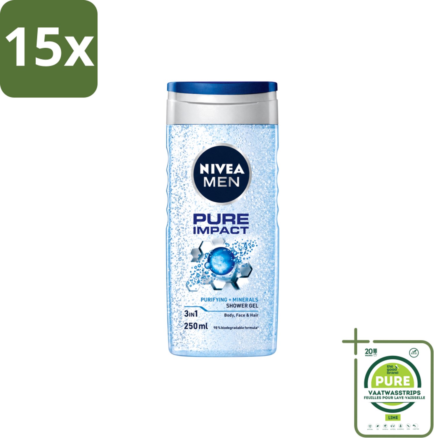 15 x Nivea Men – Douchegel – Pure Impact – 250 ml - Grootverpakking - Vaatwasstrips - Douchegel - Reiniging - Zweet Verwijderen - Vuil Verwijderen - Fris Huidgevoel