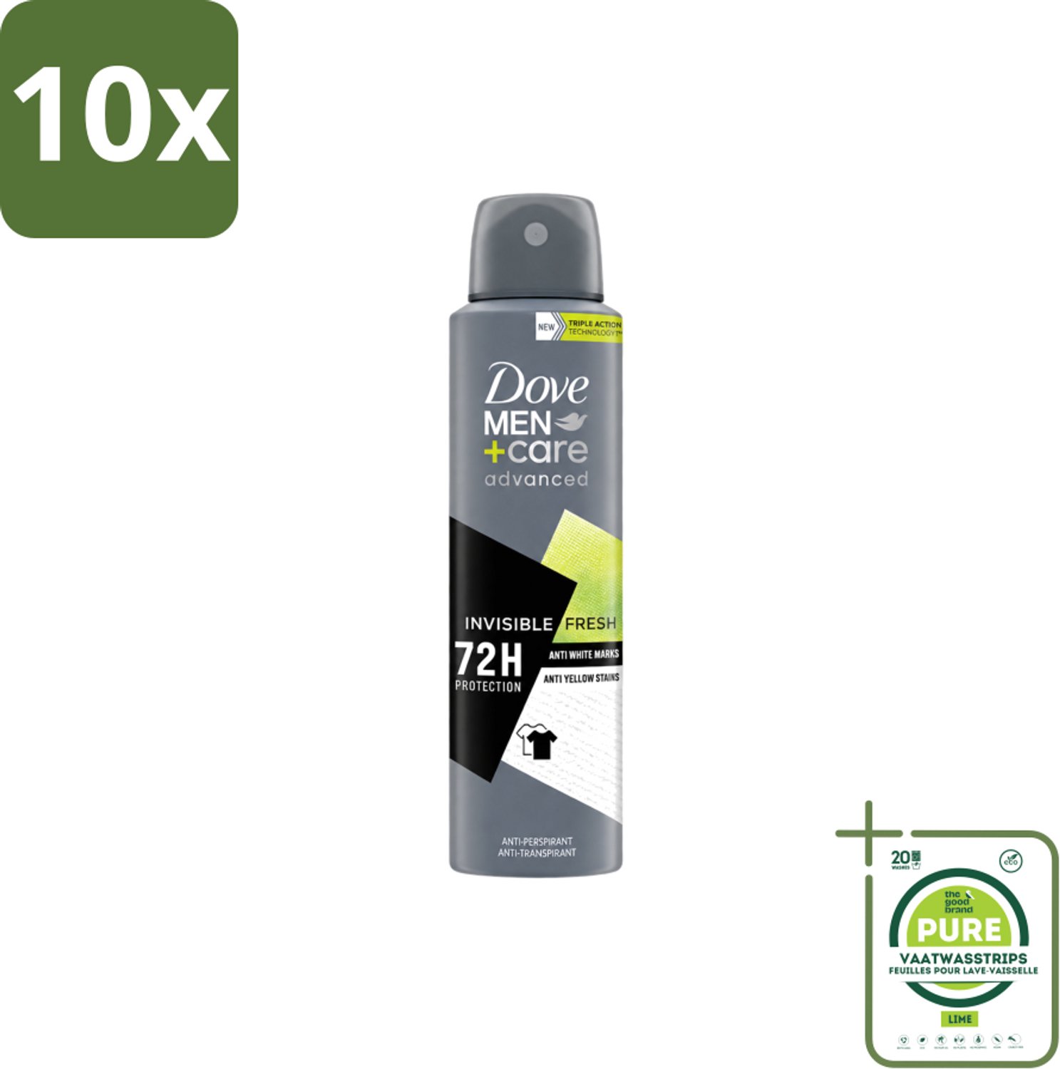 10 x Dove Men+Care – Deodorant Spray – Advanced Invisible Fresh – 150 ml - Grootverpakking - Vaatwasstrips - Deodorant Spray Voor Mannen - Frisheid Oksels - Geur Tegen Zweet - Zweetgeur Bestrijding - Verzorging Oksels