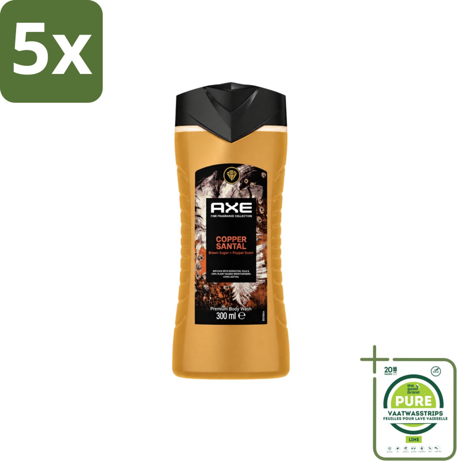 5 x Axe – Douchegel – Copper Santal – 300 ml - Grootverpakking - Vaatwasstrips - Douchegel - Koper - Sandelhout - Mannelijke Geur - Reiniging