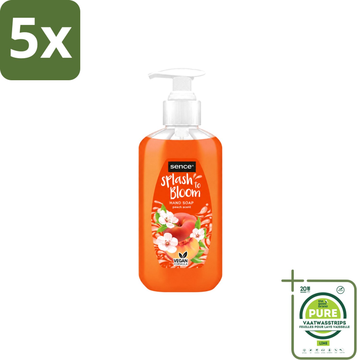 5 x Sence – Handzeep – Splash To Bloom Peach – 500 ml - Grootverpakking - Vaatwasstrips - Handzeep - Perzikgeur - Reiniging - Handen Reinigen - Zachte Handzeep