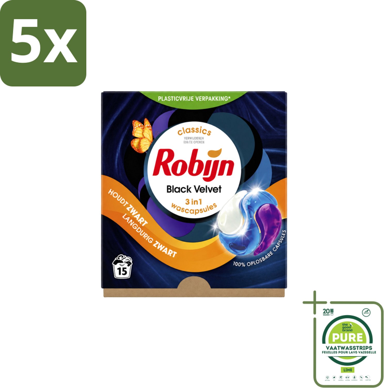 5 x Robijn – 3-in-1 Wascapsules – Black Velvet – 15 capsules - Grootverpakking - Vaatwasstrips - Zwarte Was - Zwart Kleding - Kleurbehoud - Wascapsules - Black Serum
