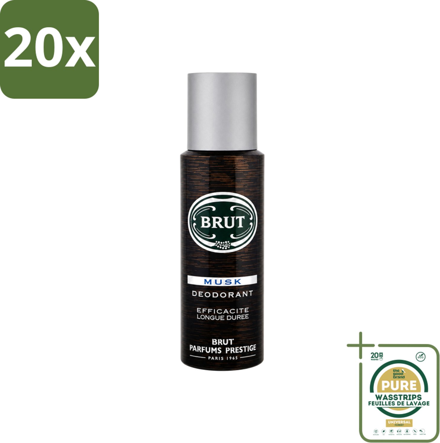 20 x Brut - Deodorant - Spray - Musk - Klassieke mannengeur - 200ml - Wasstrips - Brut Musk - Deodorant Spray - Mannelijke Geur - Muskus - Houtachtige Geur