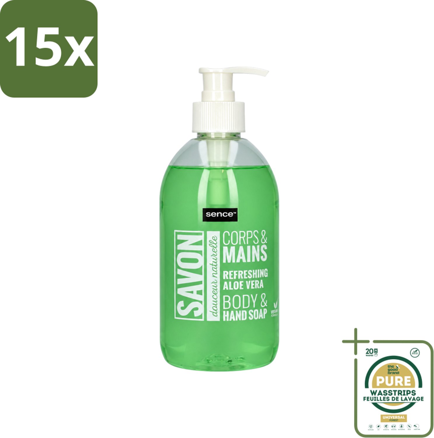 15 x Sence - Refreshing Aloe Vera - Handzeep - Savon - 500 ml - Wasstrips - Aloe Vera Handzeep - Handzeep Aloe Vera - Aloe Vera Handverzorging - Vloeibare Handzeep - Aloe Vera Geur