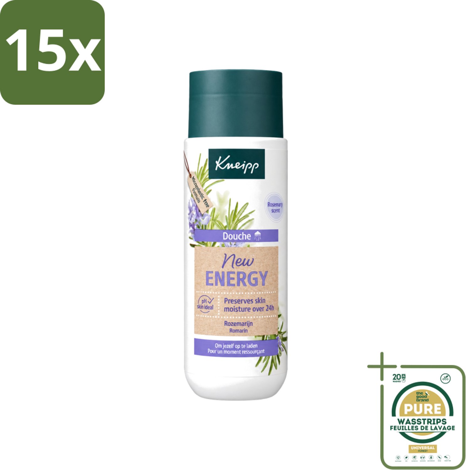 15 x Kneipp - Douchegel - New Energy - Energieke Geur - 200 ml - Wasstrips - Douchegel - Energie - Rozemarijn - Natuurlijke Geur - Hydraterend