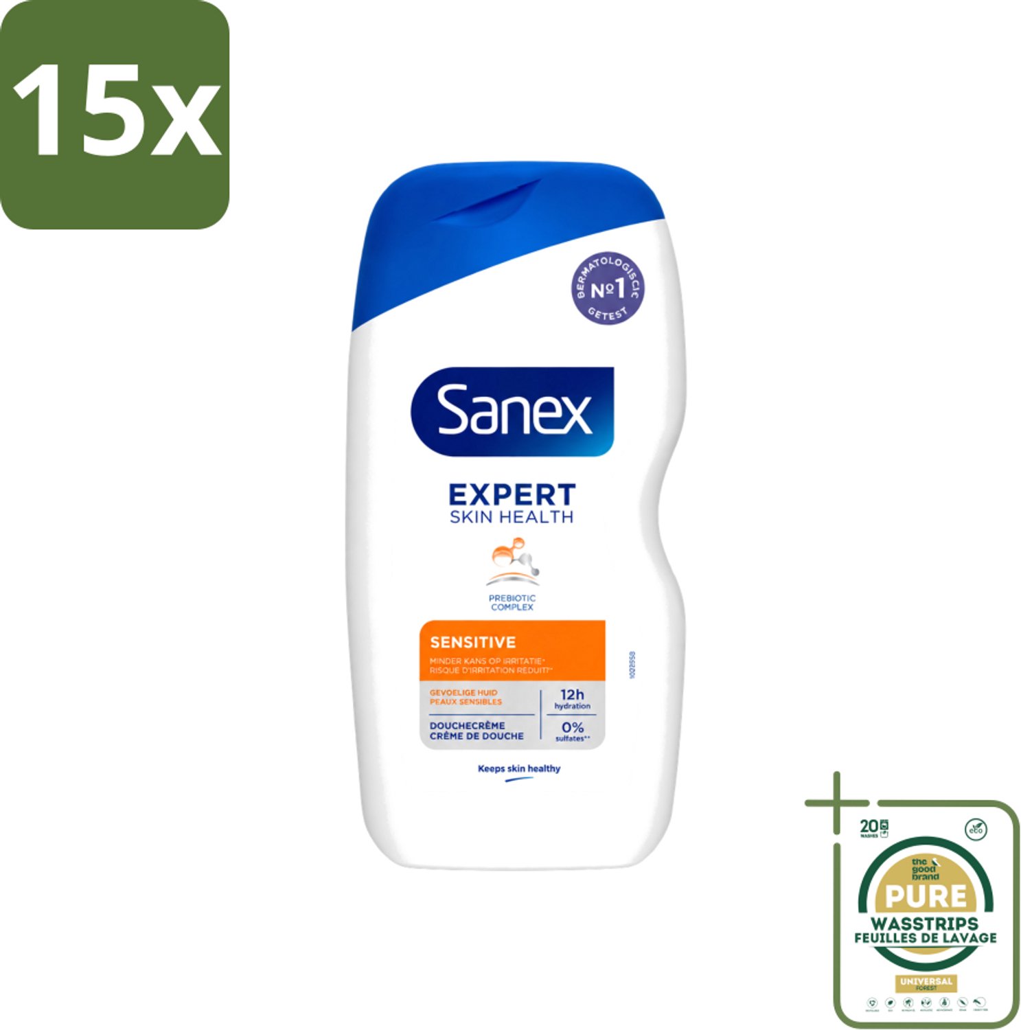 15 x Sanex - Douchegel - Expert Skin Health Sensitive - Voor Gevoelige Huid - 400 ml - Wasstrips - Gevoelige Huid - Douchegel - Huidverzorging - Milde Reiniging - Hydratatie