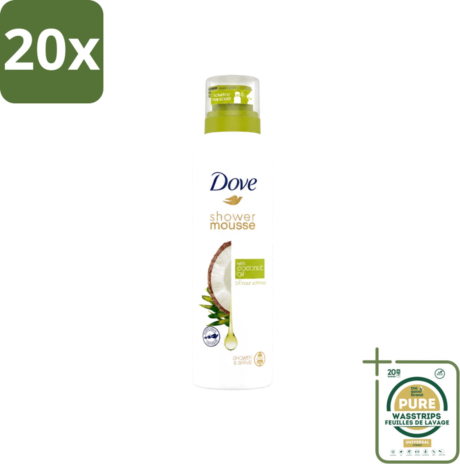 20 x Dove - Douchemousse - Coconut Oil - Voedend en verzorgend - 200 ml - Wasstrips - Douchemousse - Kokosolie - Voedend - Huid Verzorging - Scheren