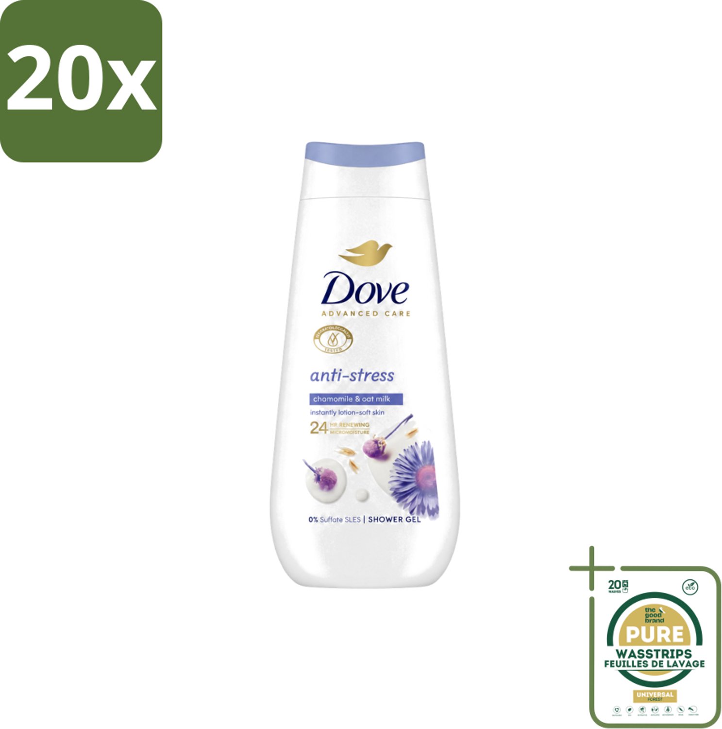 20 x Dove – Douchecrème – Anti-Stress – 225 ml - Wasstrips - Douchecrème Anti-stress - Ontspannende Douche - Droge Huid Verzorging - Blauwe Kamille - Havermelk