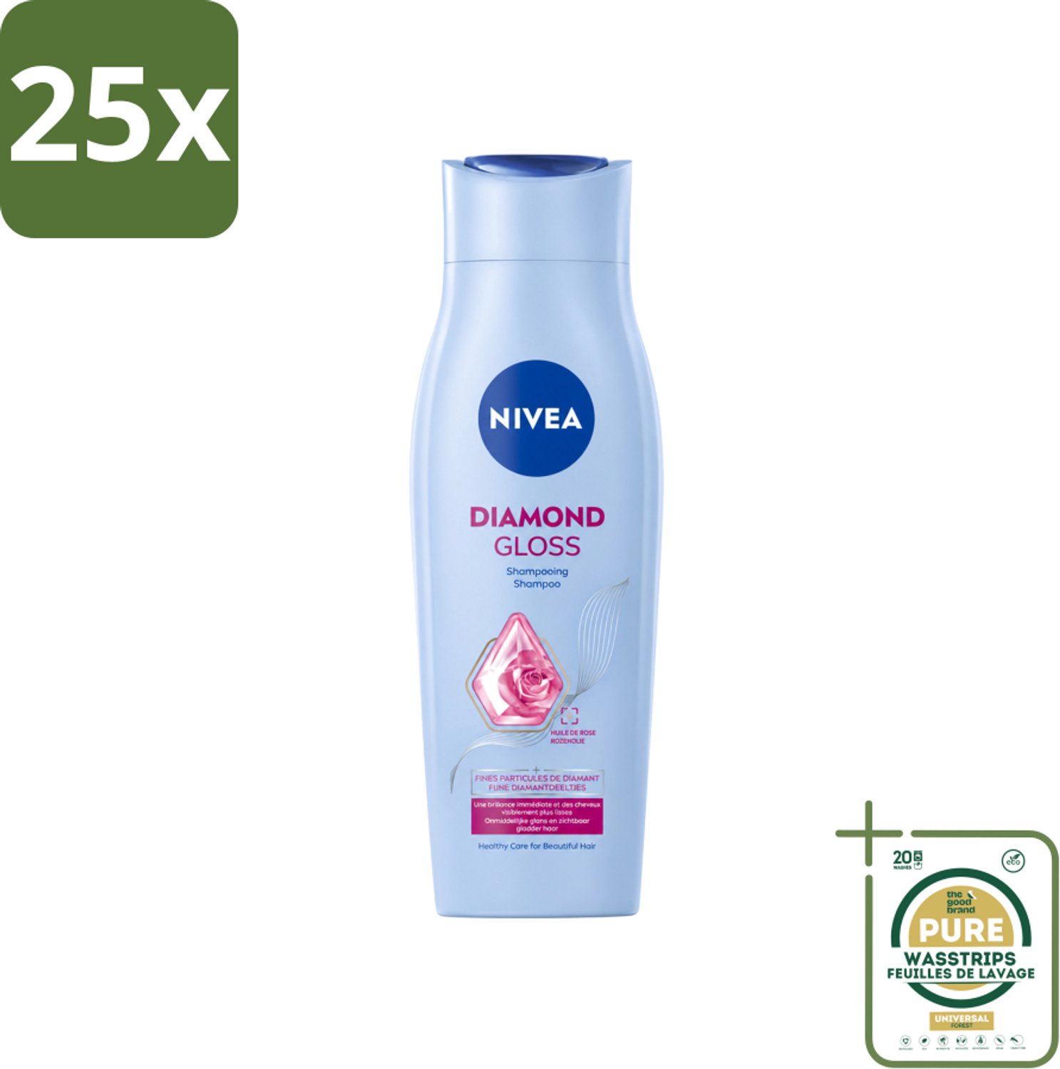 25 x Nivea - Shampoo - Diamond Gloss - 250 ml - Wasstrips - Diamanten Glans - Verzorging Haar - Schitterende Glans - Gezond Haar - Soepel Haar