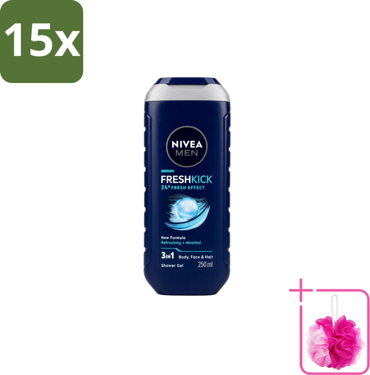 15 x Nivea Men – Douchegel – Fresh Kick – 250 ml - Bulkverpakking - Douchegel - Douchemop - Verfrissend