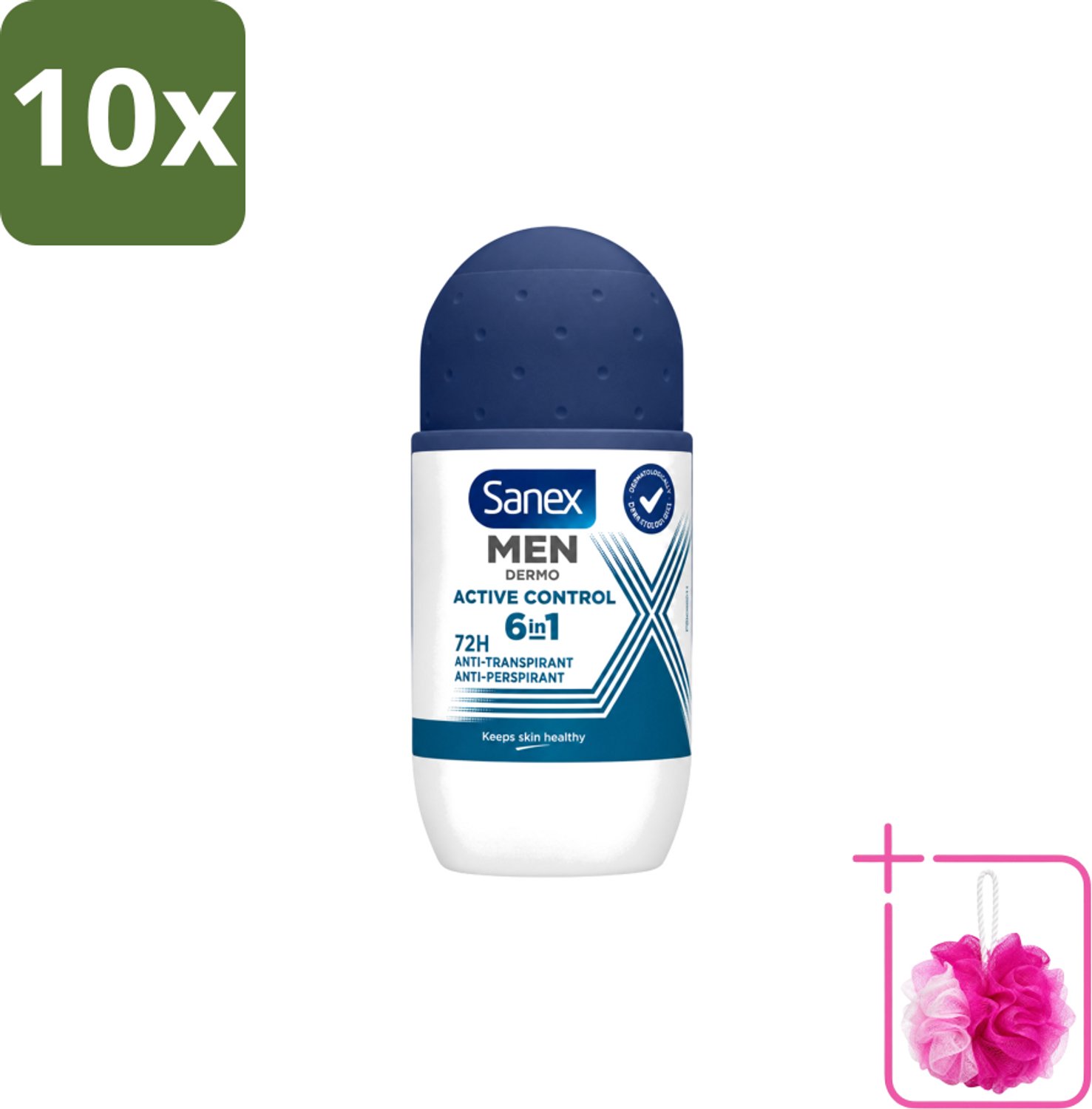 10 x Sanex Men – Deo Roll-on – Active Control – 53 ml - Bulkverpakking - Deodorant voor mannen - Douchemop - Zweetbehandeling